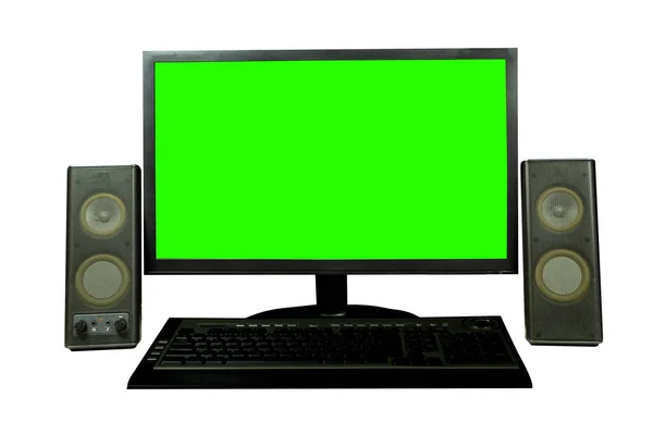 Monitor Computer Con Tastiera Altoparlanti Uno Sfondo Bianco Isolato Schermo — Foto Stock