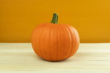 Mesajın arka planı olarak taze ve sarı balkabağı. Yuvarlak sarı balkabağı, yan görünüm