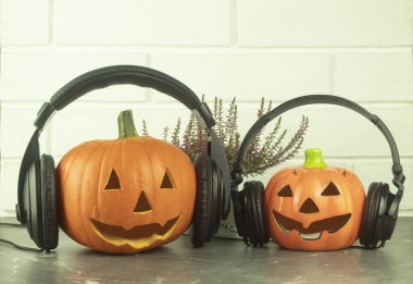 Cadılar bayramı için arka plan olarak taze balkabağı ve metin için yer. Fikir, müzik. Balkabağı müzik aşığı, kulaklıklı balkabağı.