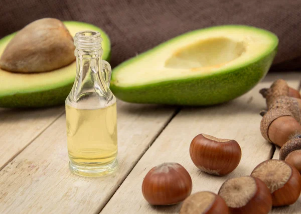 Avocado Oil Wooden Background Useful Healing Avocado Oil Background Place — Stock Photo, Image