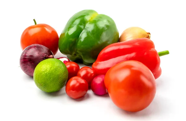 Fresh Vegetables White Background Place Text Fresh Vegetables Tomatoes Cucumbers — Stock Photo, Image