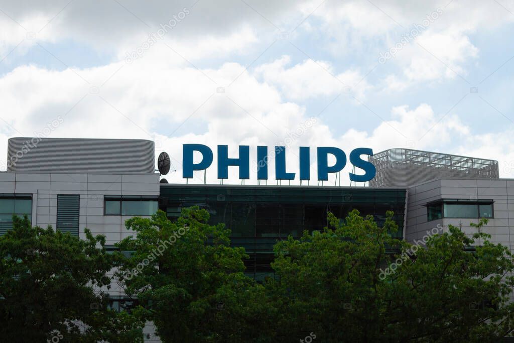 Warsaw, Poland - 03 August 2020: PHILIPS sign against the sky. PHILIPS brand on an advertising stand