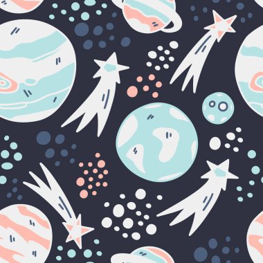 Koyu arkaplanda uzay elementleri olan kusursuz desen. Dünya, Ay, Venüs ve yıldızlar. Tekstil, ambalaj kağıdı