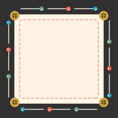Aksesuar çerçeve vektörü dikiliyor. Düğmeler ve iğneler terzi aletleri. El yapımı defter, hatıra defteri, dikiş dükkanları indirim kuponları, sosyal ağlar, kart, post, afişler..