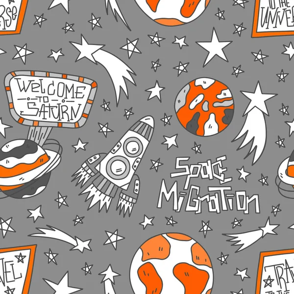 Cartoon space seamless pattern vector illustration. Doodle style planets Saturn, Earth, Mars. Hand drawn lettering with stars and shuttle. For child textile and wallpaper. Galaxy web background.