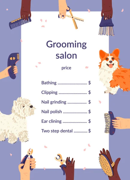 Grooming salon price list template flat vector illustration. West Highland White Terrier ou Westie e Pembroke Welsh Corgi com groomers mãos ao redor. Ferramentas de cuidados com animais . — Vetor de Stock