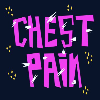 Göğüs ağrısı vektör el yazısı. Panik atak belirtileri. Karanlık arka planda elementlerle birlikte psikoloji yazıtları. Afişler ve afişler için tıbbi tasarım
