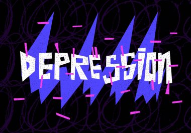 Psikoloji bozukluğu. Depresyon el çizimi vektör harfleri. Koyu arkaplanlı, doku ve elementlerle el yapımı bir yazı. Tıbbi afiş, poster, tipografi tasarımı için harika.
