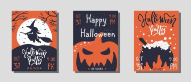 Cadılar Bayramı partisi davetiyelerinin vektör seti veya el yazısı ve geleneksel sembollü tebrik kartları. Vektör resimleri posterler, kapaklar, davetiyeler için uygundur.