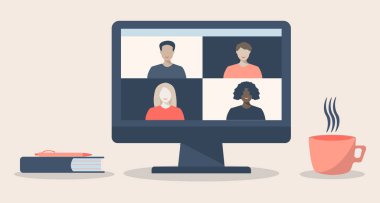 telekonferans, uzaktan kumandalı video konferans uzaktan kumandası, evden ve her yerden çalışan insanlar, yeni normal kavram, vektör illüstrasyonu