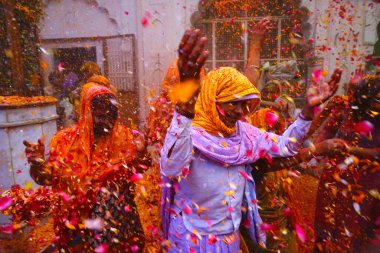 Vrindavan, Hindistan / 21 Mart 2016: Dullar, Uttar Pradesh 'in Mathura ilçesi Vrindavan' daki Gopinath Tapınağı 'nda ilk defa Holi bayramını 