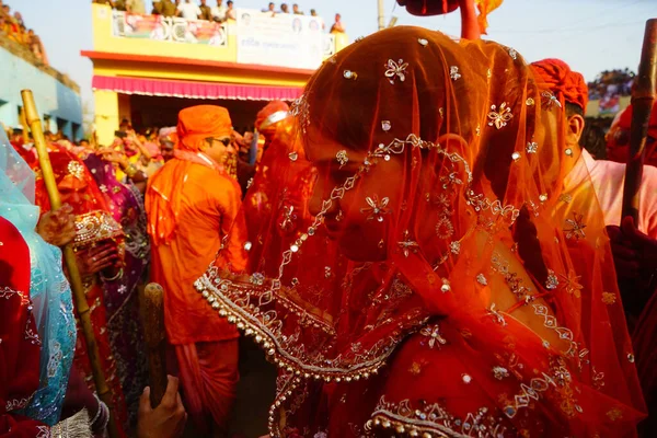 Nandgaon Índia Março 2016 Uma Mulher Participa Das Celebrações Lath — Fotografia de Stock