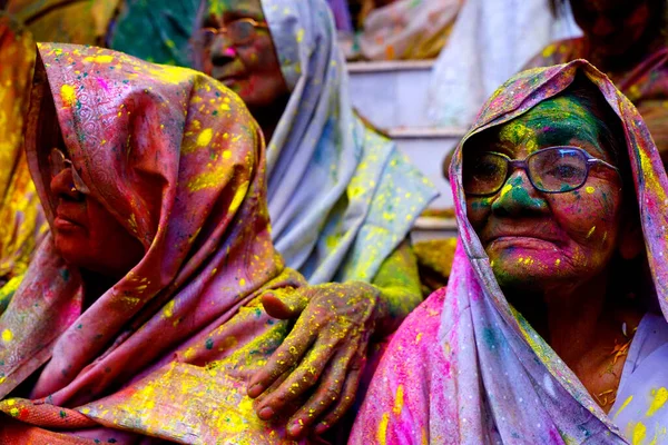 Vrindavan India March 2016 Widows Celebrate Holi Festival Festival Colours — Stock Photo, Image