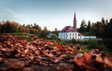Arka planda bir sonbahar manzarası ve yerde kuru sonbahar yaprakları. Rusya 'nın Gatchina kentindeki Prioratsky Sarayı ya da Manastırı. Yer imi
