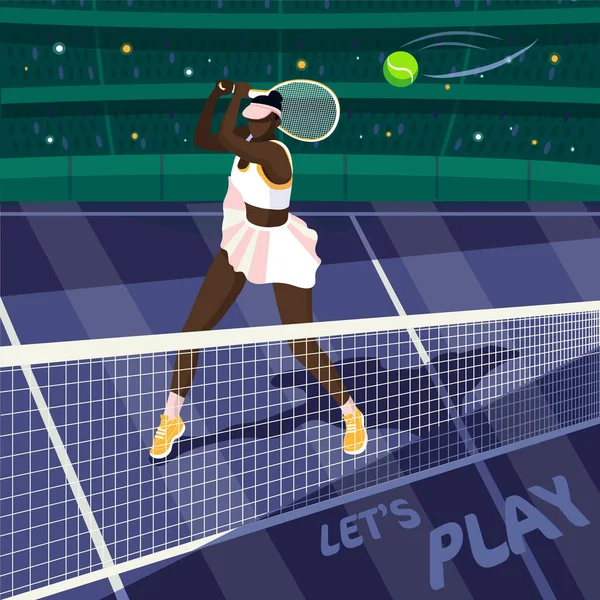 Lapos Stílusú Illusztráció Egy Afro Amerikai Teniszező Egy Zsúfolt Stadionban — Stock Vector