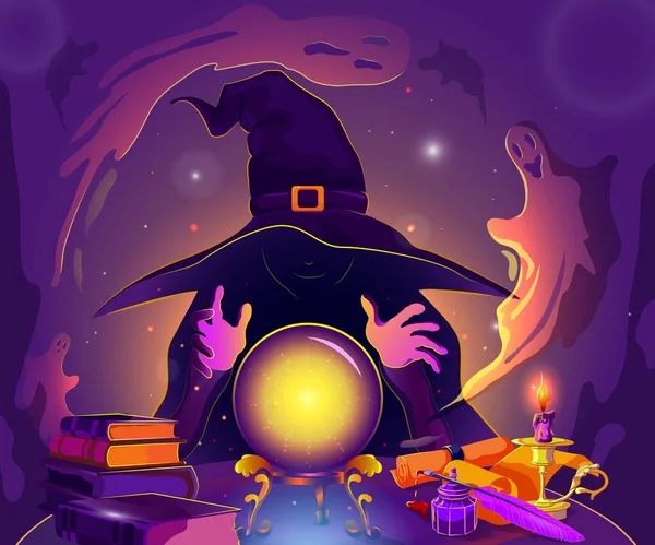 Geheimnisvolle Zauberin Für Halloween Zaubert Beschwört Geister Durch Eine Magische — Stockvektor