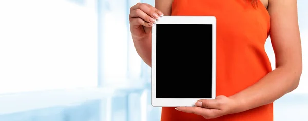 Technology Advertising Banner Woman Orange Dress Perfect Fingernails Holding Digital — Stock Photo, Image