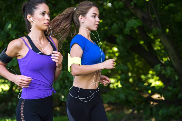 Deux Jolies Filles Fitness Font Jogging Dans Parc — Photo
