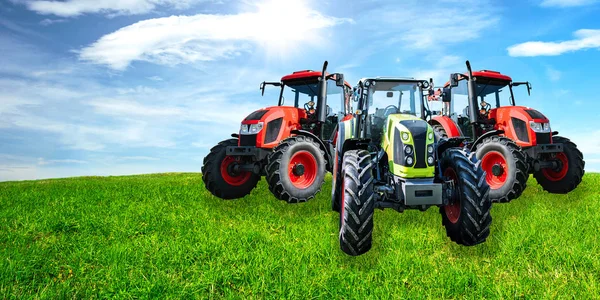 Werbebanner Für Die Landwirtschaft Gruppe Neuer Und Moderner Generischer Traktoren — Stockfoto