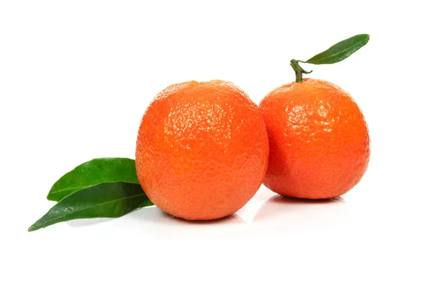 Dos Perfectos Frutos Frutales Frescos Naranja Mandarina Con Hojas Sobre —  Fotos de Stock