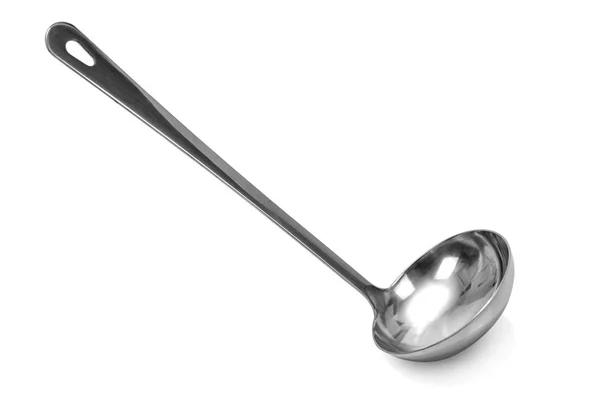 Metalen Keuken Soep Ladle Geïsoleerd Witte Achtergrond Close — Stockfoto