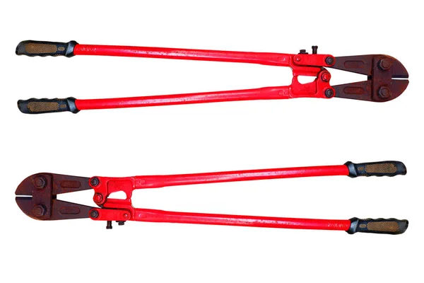 Red Big Scissors Cutting Steel Bars White Background — Stock Photo, Image