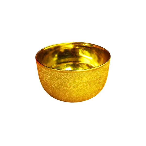 在以白色背景为背景的佛教仪式中放置崇拜物的金碗 — 图库照片