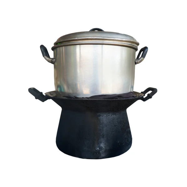 Vieux Steaming Pot Ensemble Est Isolé Sur Fond Blanc — Photo