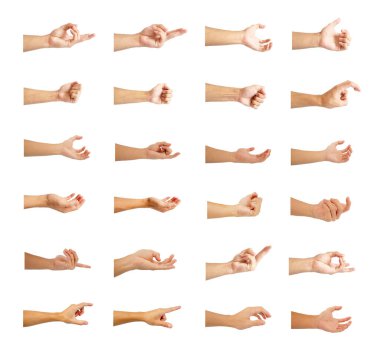 Beyaz arkaplanda izole edilmiş beyaz derili el hareketleriyle el koleksiyonu