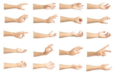 Beyaz arkaplanda izole edilmiş beyaz derili el hareketleriyle el koleksiyonu