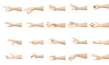 Beyaz arkaplanda izole edilmiş beyaz derili el hareketleriyle el koleksiyonu