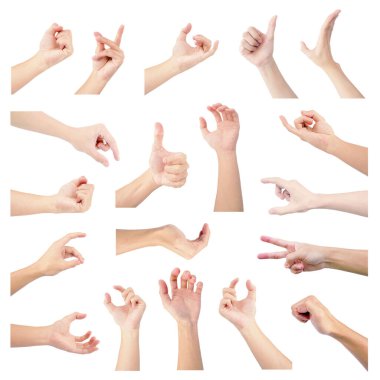 El koleksiyonu Asyalı çocuklar, yetişkinler, jest yapan erkekler ve kadınlar beyaz arka planda izole edilmiş.