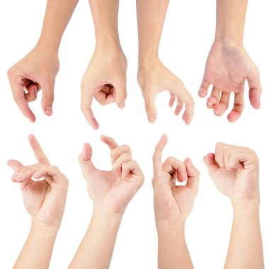 Koleksiyondaki adamın elleri beyaz arka planda izole edilmiş savaş için jest ile ayarlanmış.