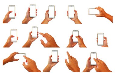 İnternet, arama, sohbet, oyunlar gibi oyunlar için beyaz arka planda Asyalı bir adamın akıllı telefon koleksiyonu