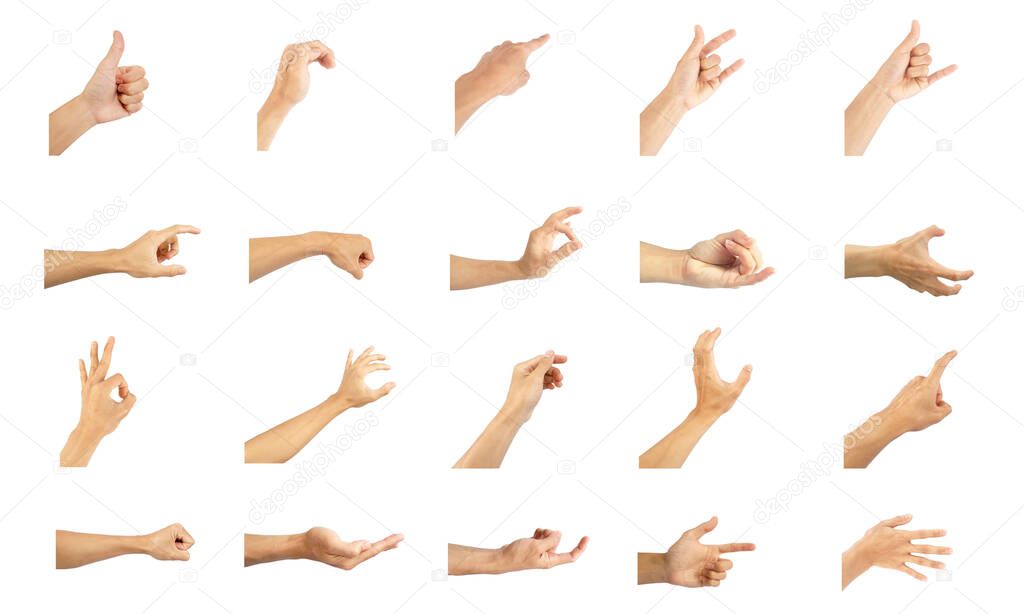 hand collection in gestures with white skin isolated on white background