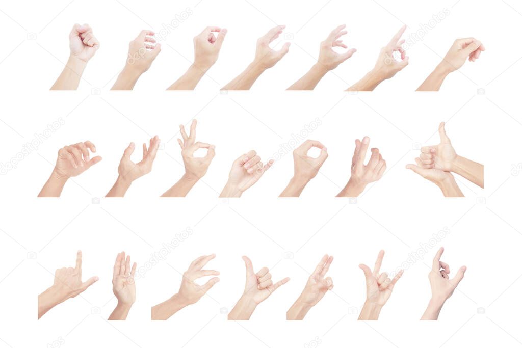 hand collection of asian man  in gestures on white background