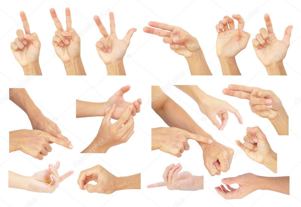 hand signal of asian man that show gestures in collection hand multiple isolated on white background