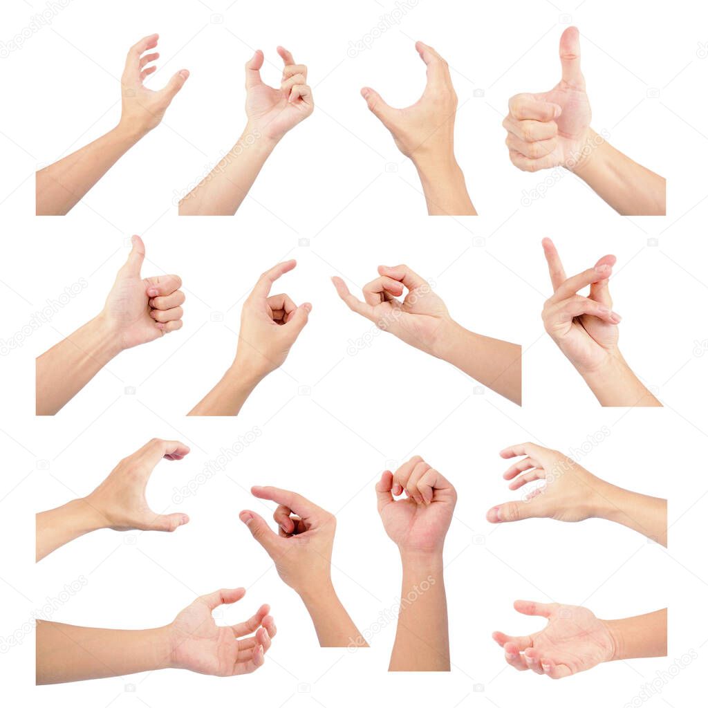 hand of asian man in gestures with hand gesture collection set multiple isolated on white background