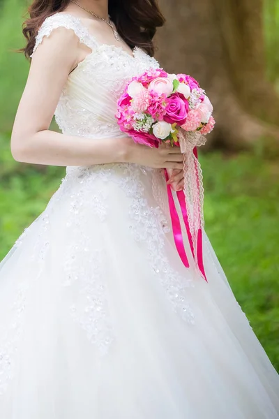 Close Fashion Evening Dress Bride Hold Flower Bouquet — Stock Photo, Image