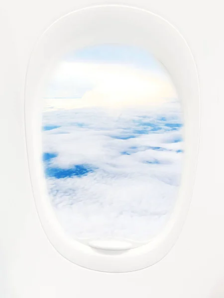 close up window of plane when look from inside with sky above cloud view
