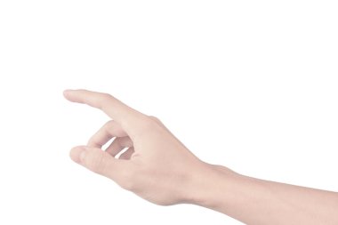 Uzan ve beyaz arkaplanda izole edilmiş bir şeye dokunmak için parmaklarını kullan.