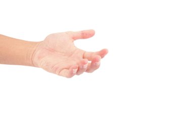 Beyaz arkaplanda beyaz tenli izole edilmiş el hareketleriyle insan eli