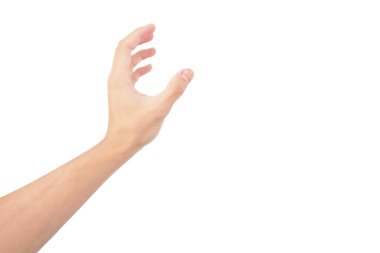 Beyaz arkaplanda beyaz tenli izole edilmiş el hareketleriyle insan eli