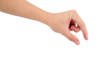 Beyaz arkaplanda beyaz tenli izole edilmiş el hareketleriyle insan eli