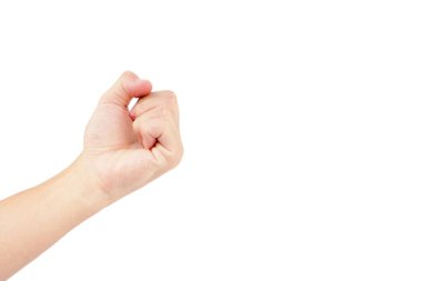 Beyaz arkaplanda beyaz tenli izole edilmiş el hareketleriyle insan eli