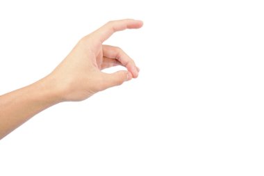 Beyaz arkaplanda beyaz tenli izole edilmiş el hareketleriyle insan eli