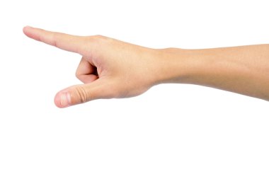 İnsanın eli, beyaz arkaplanda izole edilmiş düğmeye basmak için nokta işaretidir