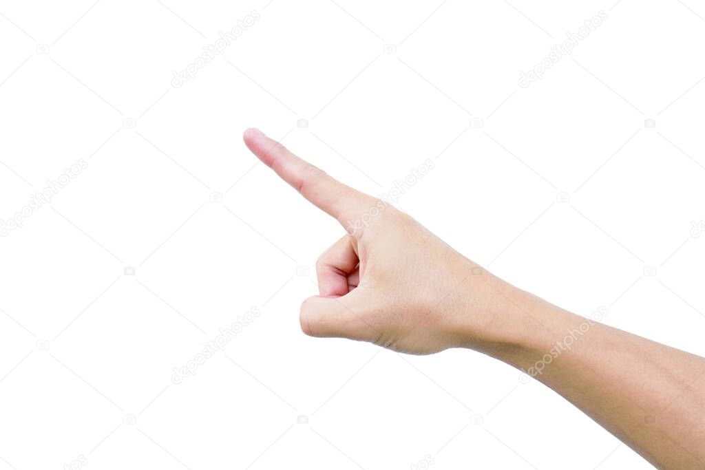 hand of man is point gesture for press button isolated on white background