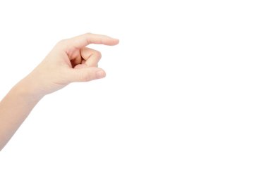 Beyaz arka planda el kol hareketleri yapan bir kadın.