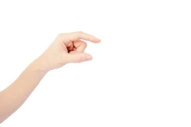 Kadının eli uzanıp, beyaz arka planda izole edilmiş yakalama hareketi yapar.